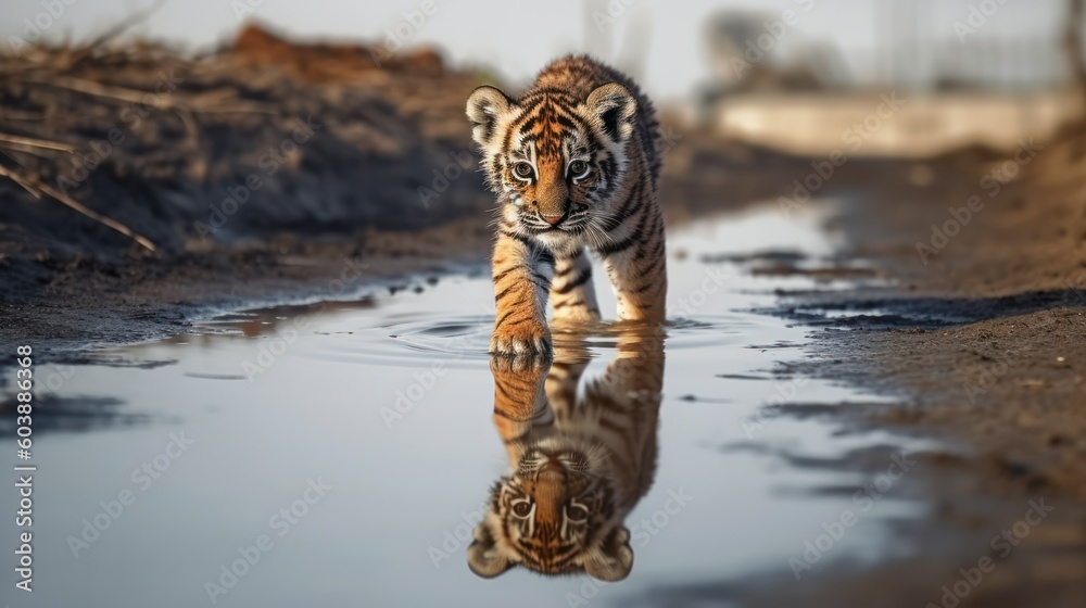 Tiger cub with reflection, big cat, Generative AI