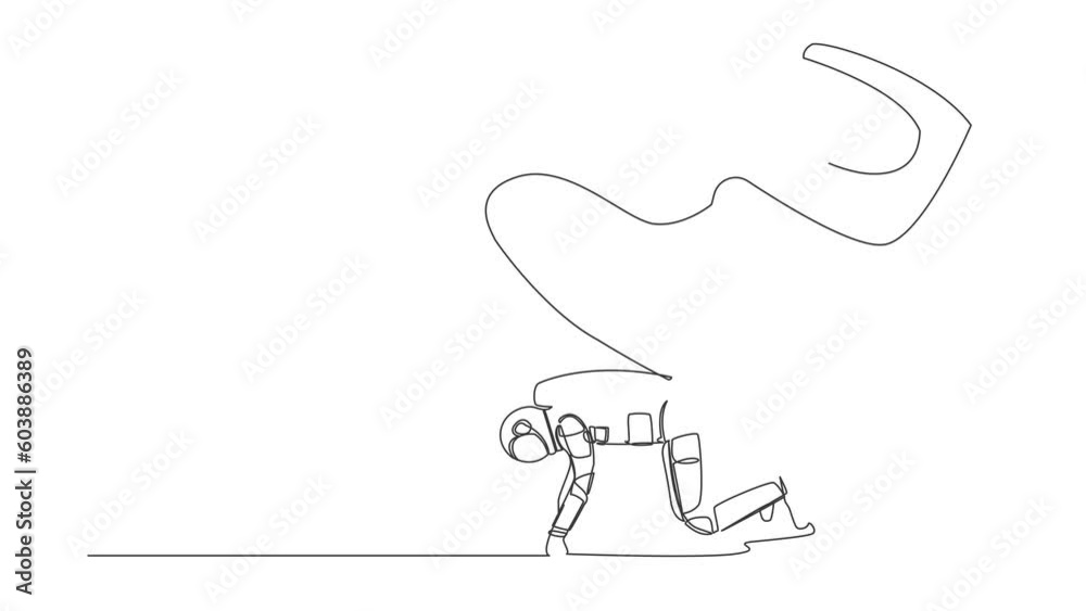 Animated self drawing of continuous line draw of astronaut crawling under giant foot trample. Spaceman oppressed by the boss with under big shoe. Cosmonaut deep space. Full length one line animation Animated self drawing of continuous line draw of astronaut crawling under giant foot trample. Spaceman oppressed by the boss with under big shoe. Cosmonaut deep space. Full length one line animation
