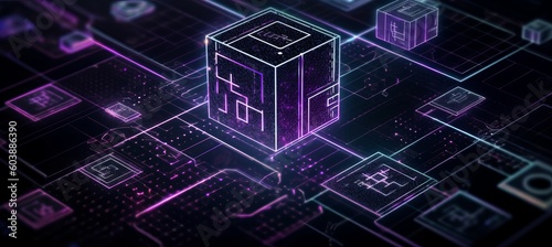 Glow cube block data cyber system network structure technology background. Generative AI technology. 