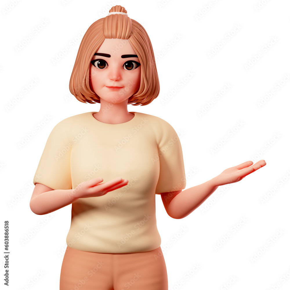 Casual Girl show Presenting gesture at Right side Using both Hand, 3D Character Render Illustration Casual Girl show Presenting gesture at Right side Using both Hand, 3D Character Render Illustration