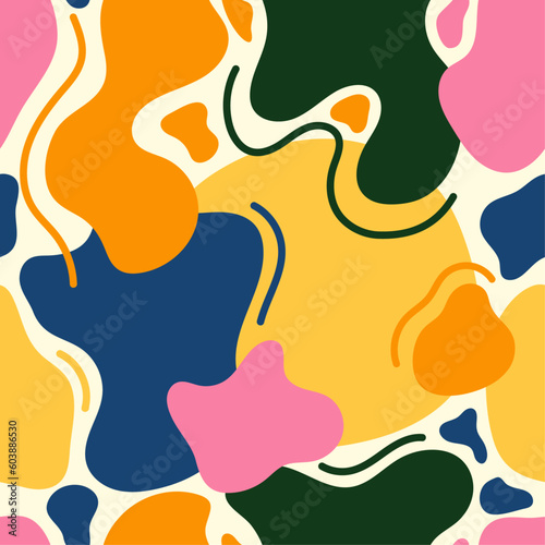 Eclectic abstract shapes seamless vector pattern. Cool, creative contemporary design with random elements. Colorful, bold, fun graphic repeat print.