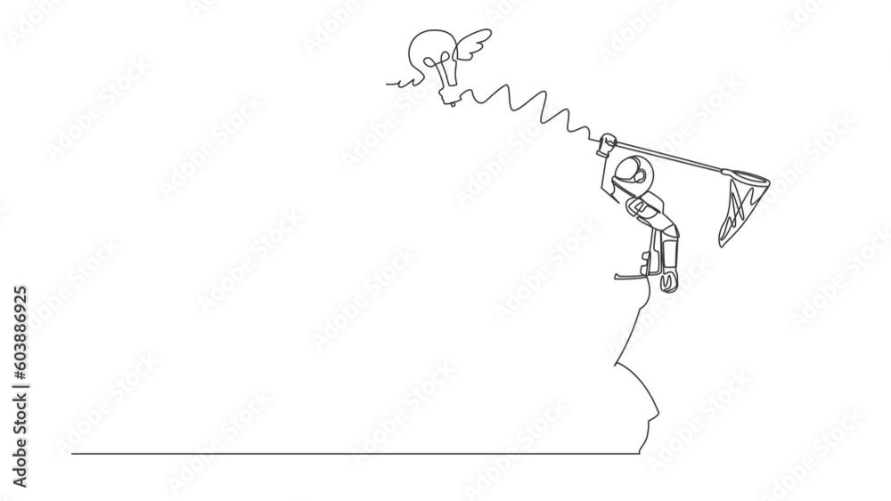 Self drawing animation of single line draw astronaut try to catching flying light bulb with butterfly net. Creative idea planet expedition. Cosmic galaxy space. Continuous line. Full length animated Self drawing animation of single line draw astronaut try to catching flying light bulb with butterfly net. Creative idea planet expedition. Cosmic galaxy space. Continuous line. Full length animated