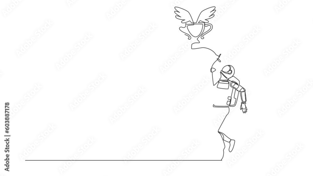Self drawing animation of single one line draw astronaut try to catching flying trophy with net. Victory and award for galactic exploration. Cosmic galaxy space. Continuous line. Full length animated Self drawing animation of single one line draw astronaut try to catching flying trophy with net. Victory and award for galactic exploration. Cosmic galaxy space. Continuous line. Full length animated