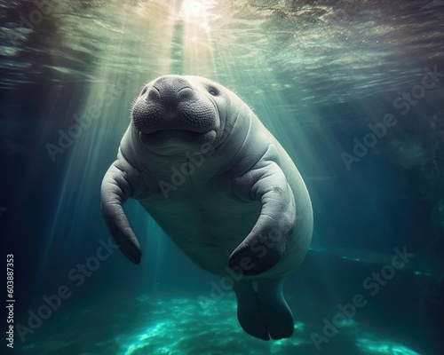 A manatee swims in water. (Generative AI)