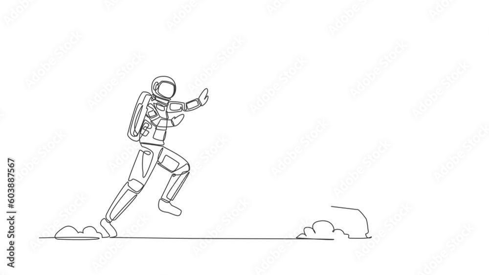 Self drawing animation of single line draw astronaut run chasing trophy in moon surface. Victory and award for galactic exploration. Cosmic galaxy space concept. Continuous line. Full length animated Self drawing animation of single line draw astronaut run chasing trophy in moon surface. Victory and award for galactic exploration. Cosmic galaxy space concept. Continuous line. Full length animated