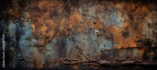 Rusty metal plate surface background. Brown red blue scratch detail. Generative AI technology.