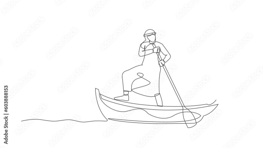 Self drawing animation of single line draw Arabian businessman sailing away on boat with pile of dollar coins. Criminal stole coin from bank. Corruption, robber. Continuous line. Full length animated Self drawing animation of single line draw Arabian businessman sailing away on boat with pile of dollar coins. Criminal stole coin from bank. Corruption, robber. Continuous line. Full length animated