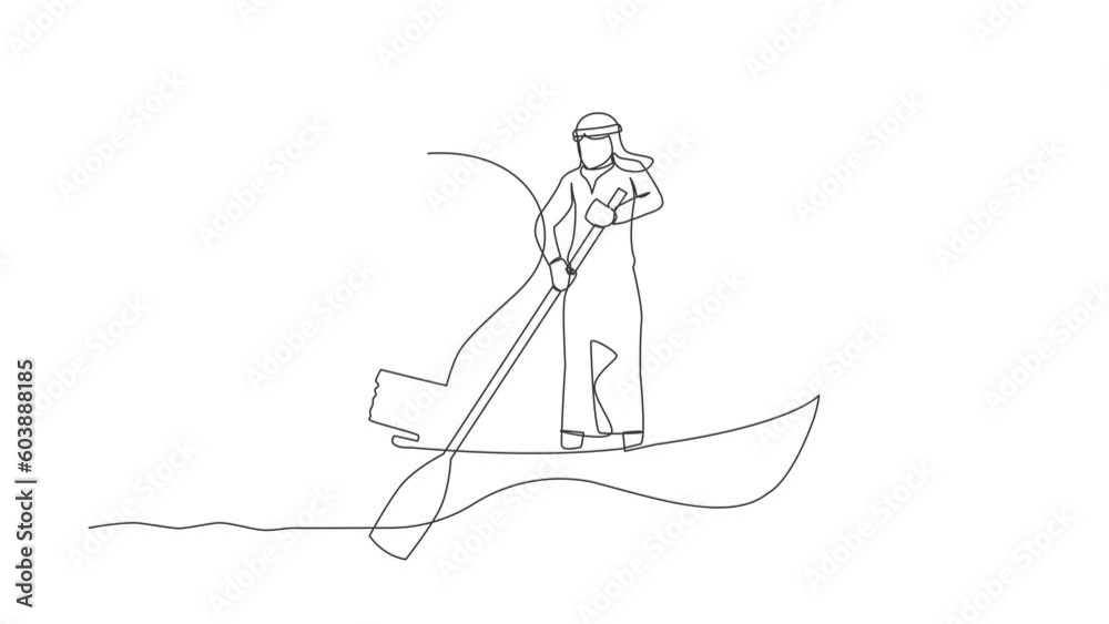 Animated self drawing of continuous line draw Arab businessman sailing away on boat with light bulb. Success business idea, vision, and innovation for better company. Full length single line animation Animated self drawing of continuous line draw Arab businessman sailing away on boat with light bulb. Success business idea, vision, and innovation for better company. Full length single line animation