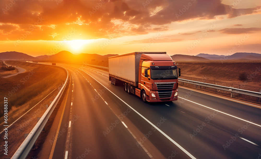 Container truck on a highway during sunset. Trucking and transportation logistics. Generative AI.