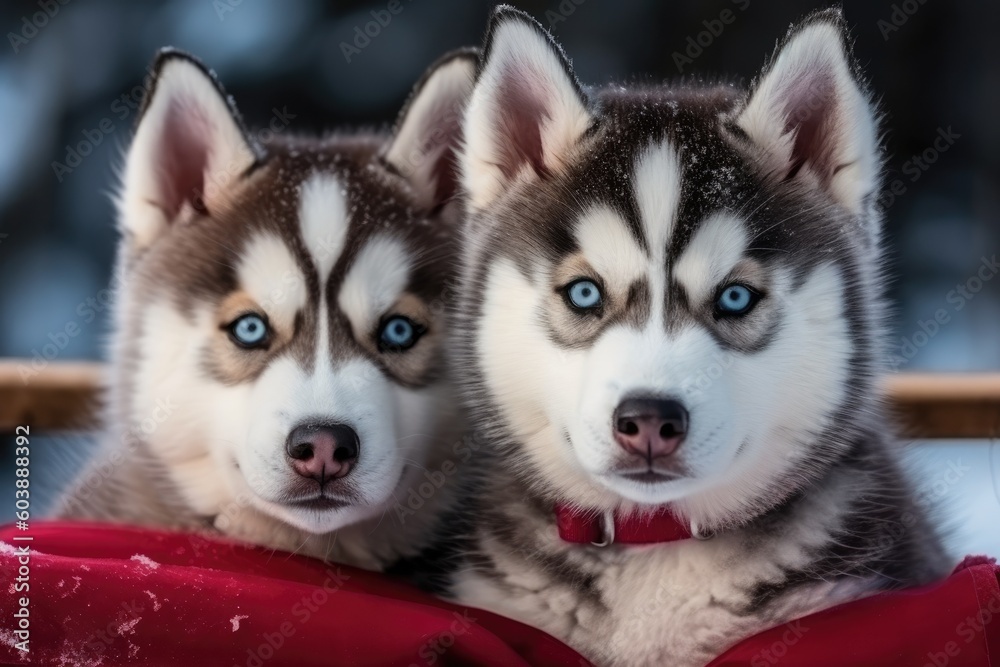 two husky dogs with piercing blue eyes lounging on a cozy blanket Generative AI two husky dogs with piercing blue eyes lounging on a cozy blanket Generative AI