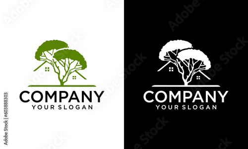 Green Wood Resident Vector Logo Template. Design template of two trees incorporate with a house that made from a simple scratch. It's good for symbolize a property or wooden housing business.