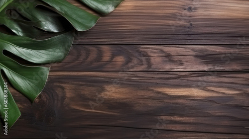 Flat lay creative frame of tropical nature leaves on rustic wood grunge background with retro , tropical jungle vacation and travel concepts. Generative AI