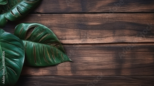 Flat lay creative frame of tropical nature leaves on rustic wood grunge background with retro , tropical jungle vacation and travel concepts. Generative AI
