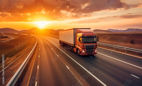 Container truck on a highway during sunset. Trucking and transportation logistics. Generative AI.