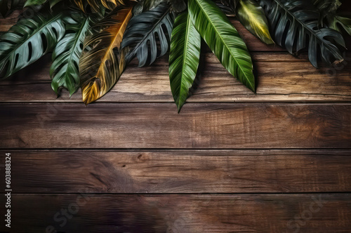 Flat lay creative frame of tropical nature leaves on rustic wood grunge background with retro   tropical jungle vacation and travel concepts. Generative AI