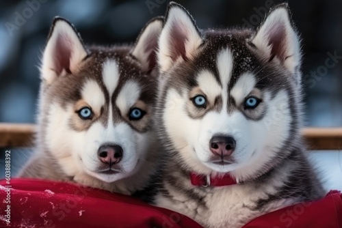 two husky dogs with piercing blue eyes lounging on a cozy blanket Generative AI