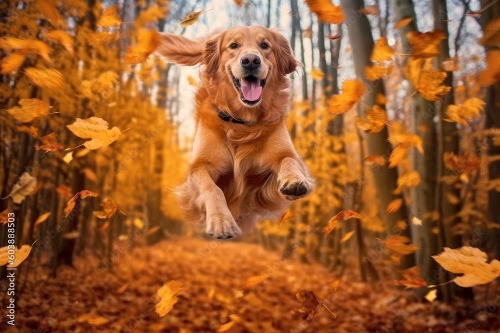 A golden retriever playing in fall leaves and woods. (Generative AI)
