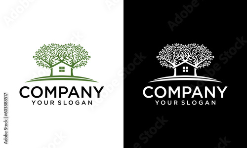 Green Wood Resident Vector Logo Template. Design template of two trees incorporate with a house that made from a simple scratch. It's good for symbolize a property or wooden housing business.