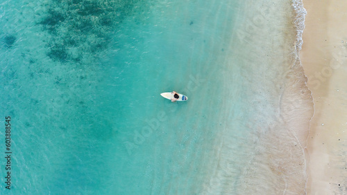 A girl on a surfboard in the ocean, aerial