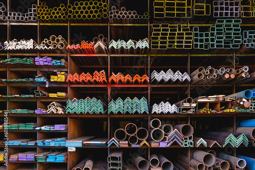 Various shape of many different steel bars and tubes for sale on storage shelf of building supply store