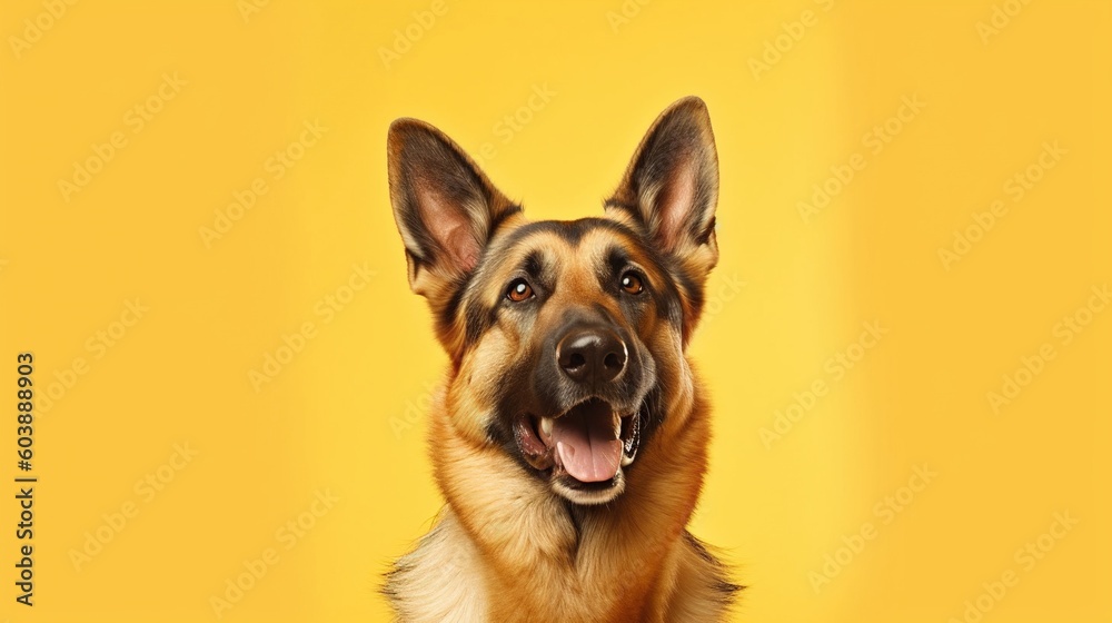 Portrait of a  German shepherd dog on a yellow background.Generative Ai
