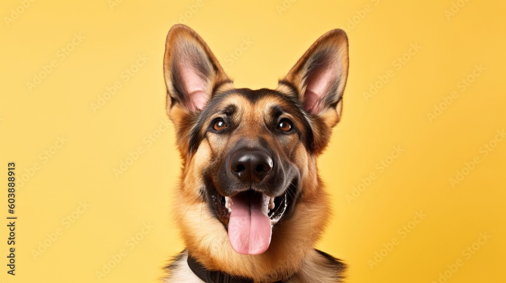 Portrait of a German shepherd dog on a yellow background.Generative Ai Portrait of a German shepherd dog on a yellow background.Generative Ai