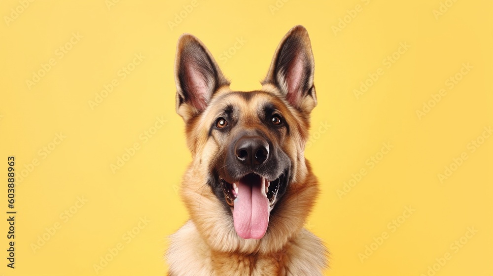 Portrait of a German shepherd dog on a yellow background.Generative Ai Portrait of a German shepherd dog on a yellow background.Generative Ai