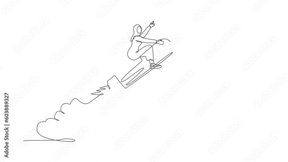 Self drawing animation of single one line draw Arab businesswoman riding pencil rocket flying in sky. Creativity idea lead way, knowledge help career development. Continuous line. Full length animated Self drawing animation of single one line draw Arab businesswoman riding pencil rocket flying in sky. Creativity idea lead way, knowledge help career development. Continuous line. Full length animated