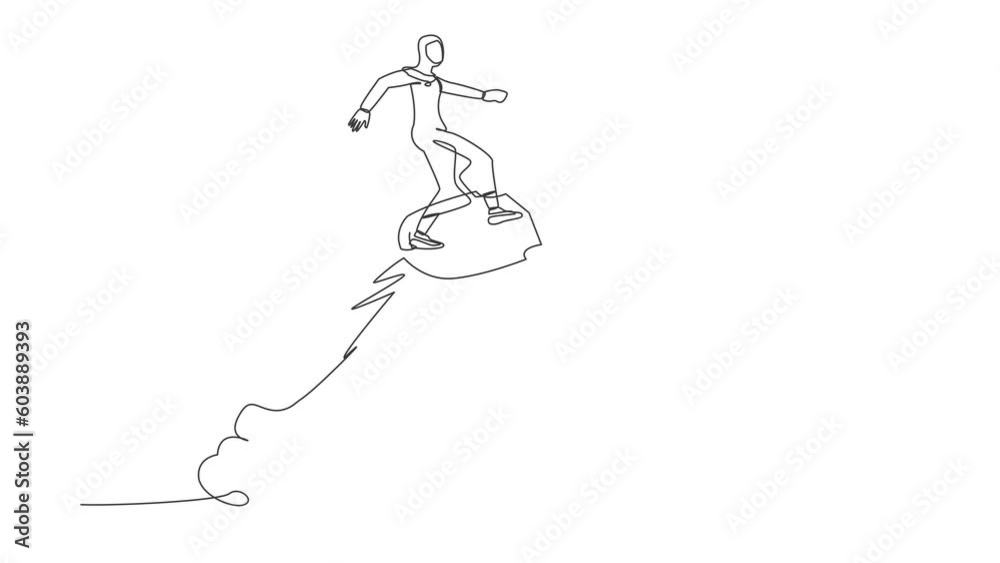 Self drawing animation of single line draw Arabian businesswoman riding shield rocket flying in sky. Business security acceleration to save financial growth. Continuous line draw. Full length animated Self drawing animation of single line draw Arabian businesswoman riding shield rocket flying in sky. Business security acceleration to save financial growth. Continuous line draw. Full length animated