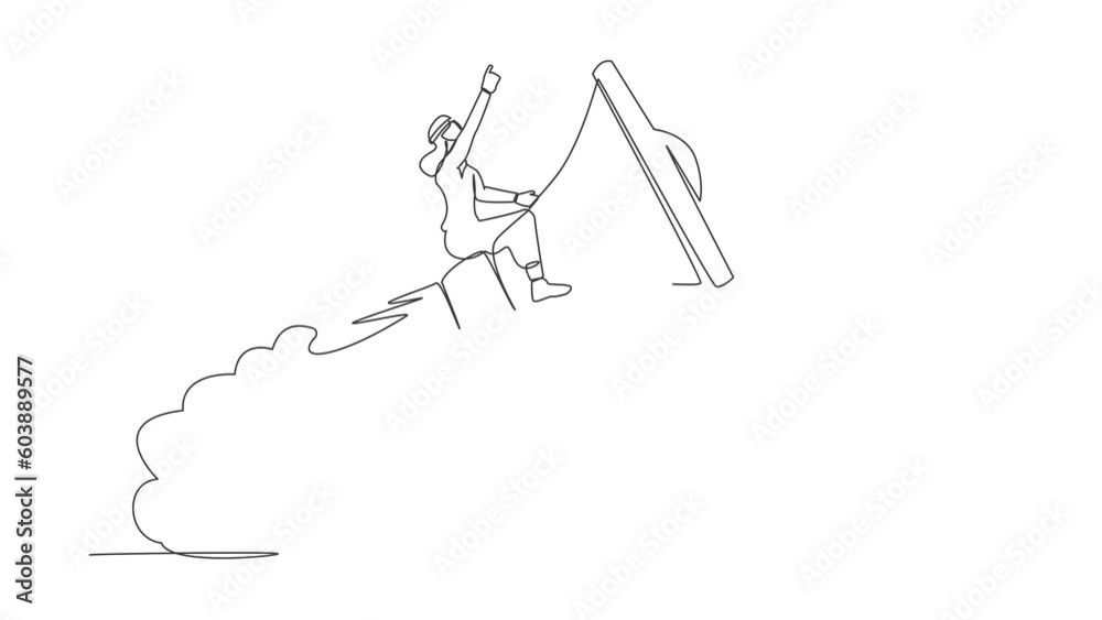 Self drawing animation of single line draw Arabian businessman riding megaphone rocket flying in sky. Communication, soft skill to communicate with customer. Continuous line draw. Full length animated Self drawing animation of single line draw Arabian businessman riding megaphone rocket flying in sky. Communication, soft skill to communicate with customer. Continuous line draw. Full length animated