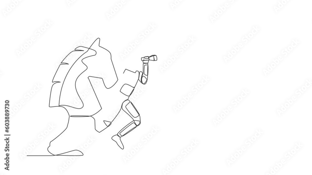 Animated self drawing of continuous line draw of astronaut standing on horse chess piece using telescope to see galactic vision. Strategy in space. Cosmonaut space. Full length single line animation Animated self drawing of continuous line draw of astronaut standing on horse chess piece using telescope to see galactic vision. Strategy in space. Cosmonaut space. Full length single line animation