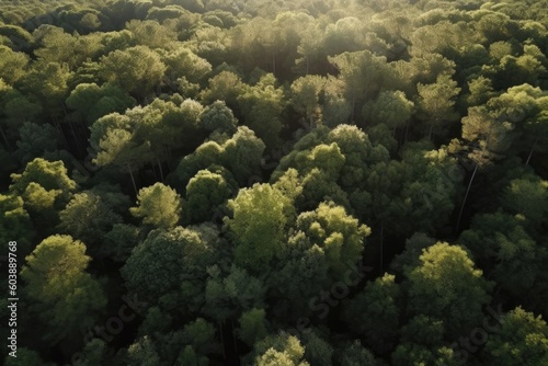 sun rays shining through trees in a dense forest Generative AI