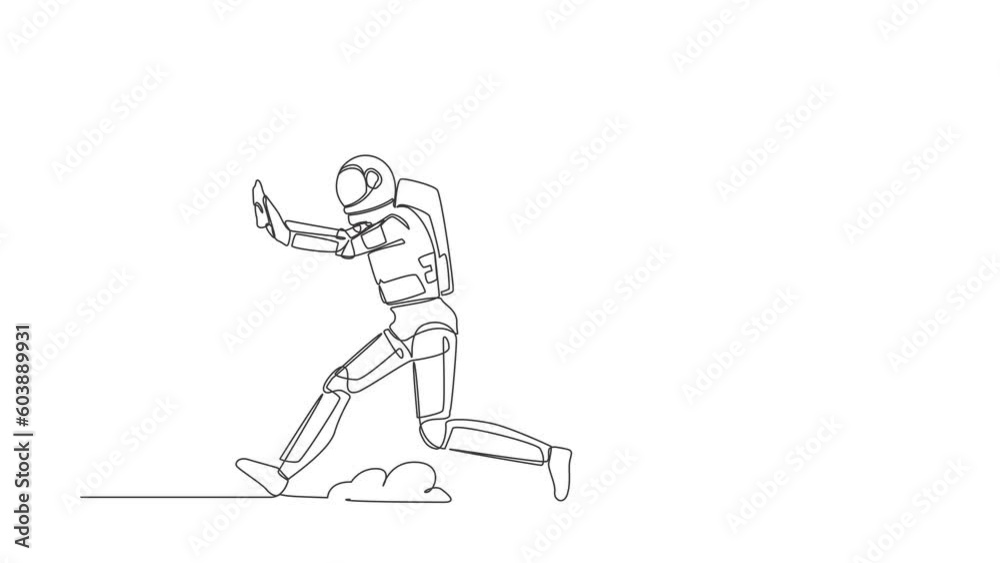 Animated self drawing of continuous line draw astronaut being chased by light bulb. Afraid with innovation expedition idea. Spaceship tech industry. Cosmonaut space. Full length one line animation Animated self drawing of continuous line draw astronaut being chased by light bulb. Afraid with innovation expedition idea. Spaceship tech industry. Cosmonaut space. Full length one line animation