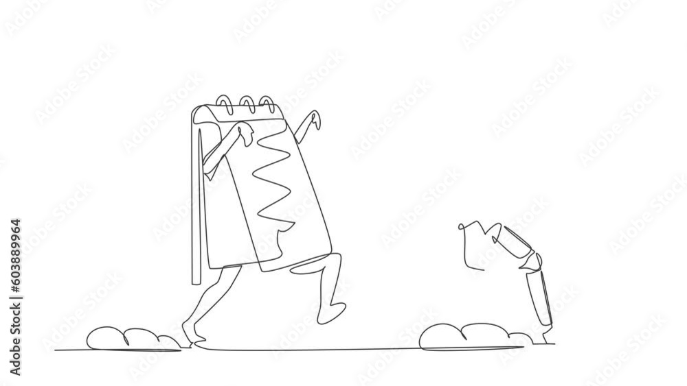 Animated self drawing of continuous line draw astronaut being chased by calendar. Afraid with spaceship exploration project schedule deadline. Cosmonaut deep space. Full length one line animation Animated self drawing of continuous line draw astronaut being chased by calendar. Afraid with spaceship exploration project schedule deadline. Cosmonaut deep space. Full length one line animation