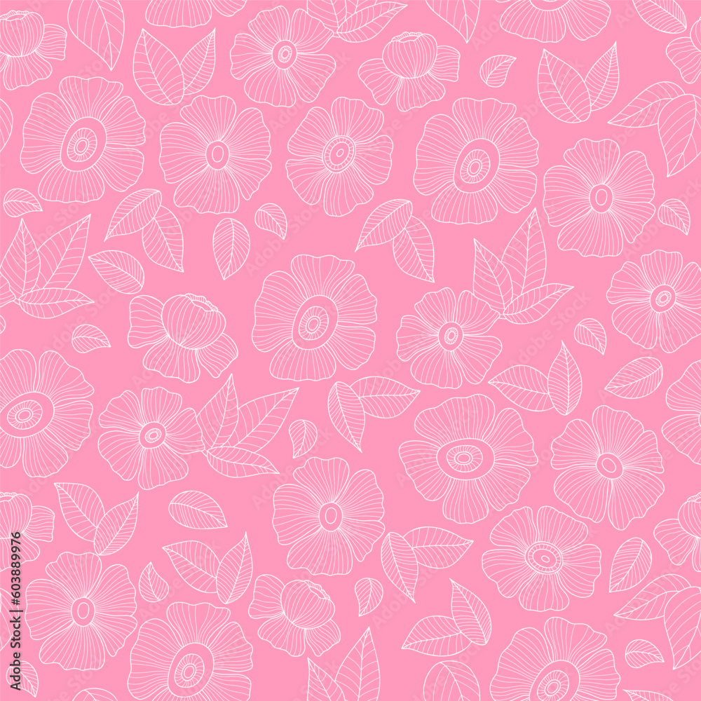 Retro floral seamless pattern with openwork groovy daisy flower on pink background. Vector Illustration. Aesthetic modern art linear hand drawn for wallpaper, design, textile, packaging, decor.