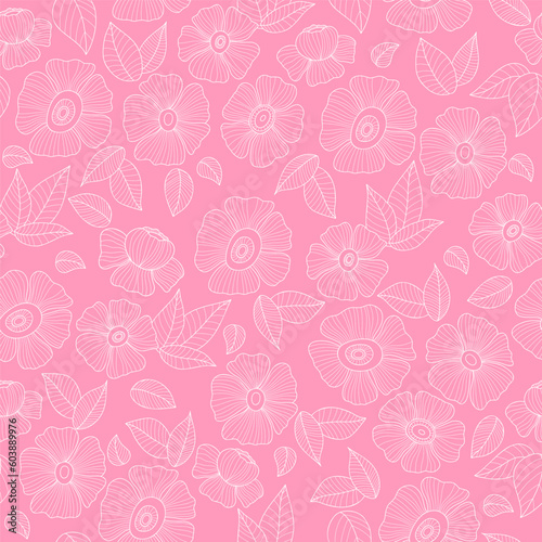 Retro floral seamless pattern with openwork groovy daisy flower on pink background. Vector Illustration. Aesthetic modern art linear hand drawn for wallpaper, design, textile, packaging, decor.
