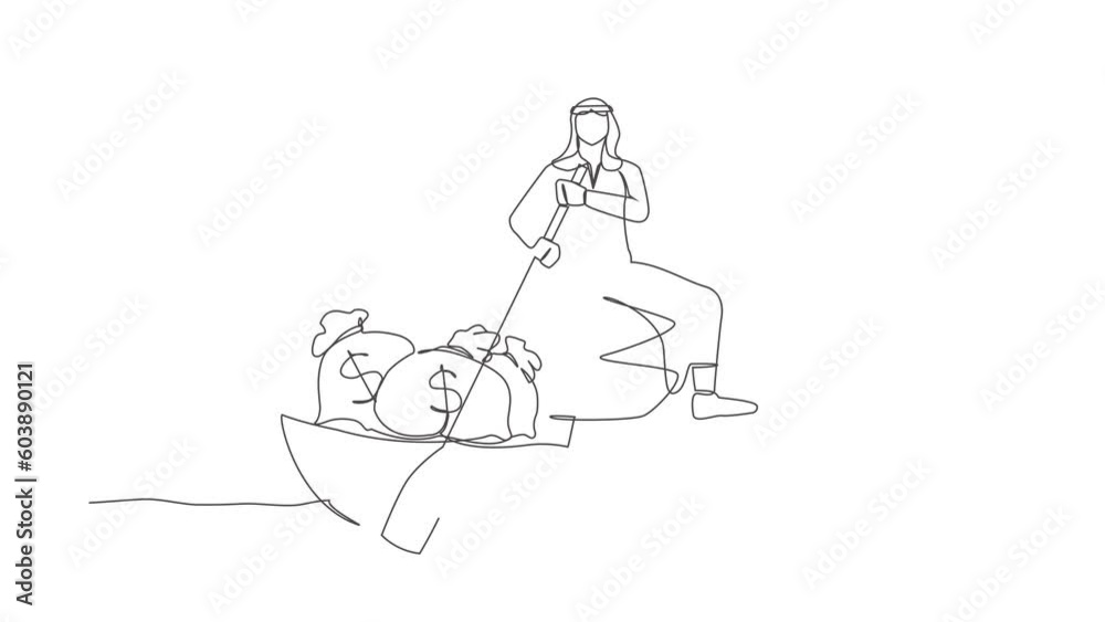 Animated self drawing of continuous line draw Arabian businessman sailing away on boat with money bag. Office worker escape with money. Financial success and profit. Full length one line animation Animated self drawing of continuous line draw Arabian businessman sailing away on boat with money bag. Office worker escape with money. Financial success and profit. Full length one line animation