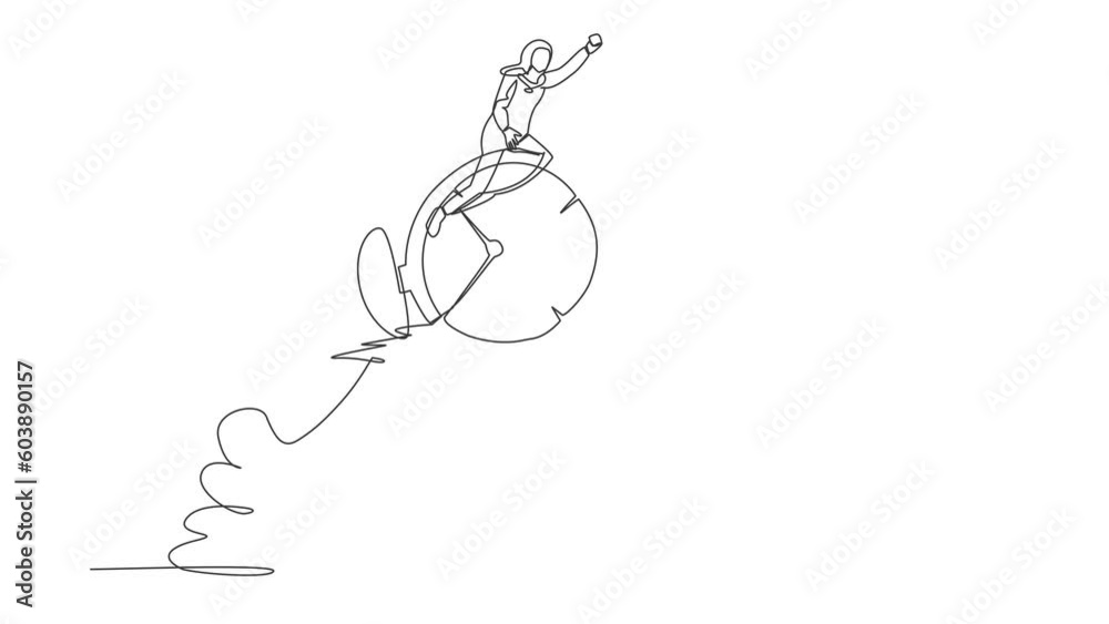 Animated self drawing of continuous line draw Arabian businesswoman riding alarm clock rocket flying in sky. Productivity or efficiency to finish work, speed urgency. Full length single line animation Animated self drawing of continuous line draw Arabian businesswoman riding alarm clock rocket flying in sky. Productivity or efficiency to finish work, speed urgency. Full length single line animation