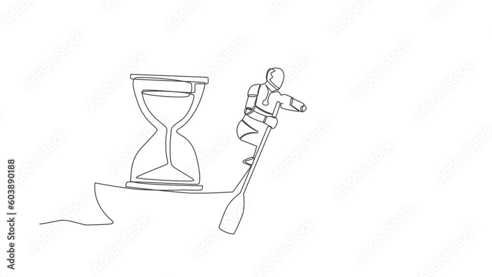 Animated self drawing of continuous line draw robot sailing away on boat with hourglass. Business deadline in factory project. Future technology development process. Full length one line animation Animated self drawing of continuous line draw robot sailing away on boat with hourglass. Business deadline in factory project. Future technology development process. Full length one line animation