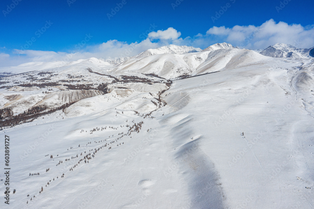 Altai mountains in winter. Kurai ridge. Aerial view.