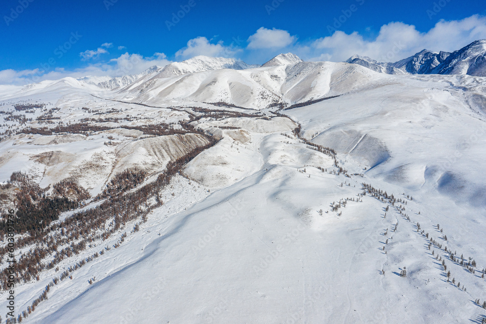 Obraz premium Altai mountains in winter. Kurai ridge. Aerial view.