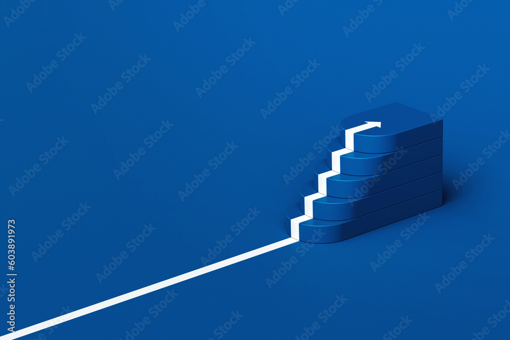 White arrow following the stair of growth on blue background, white arrow climbing up over staircase, 3d stairs with arrow going upward, 3d rendering