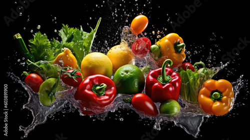 Flying Cuts of Colorful Vegetables and Water Drops