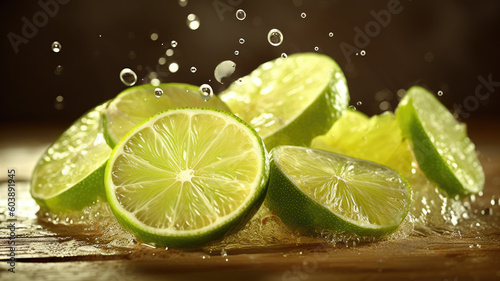 Flying Fresh Lime Slices and Crushed Ice