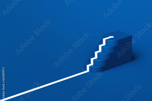 Obraz na płótnie White arrow following the stair of growth on blue background, white arrow climbing up over staircase, 3d stairs with arrow going upward, 3d rendering w salonie