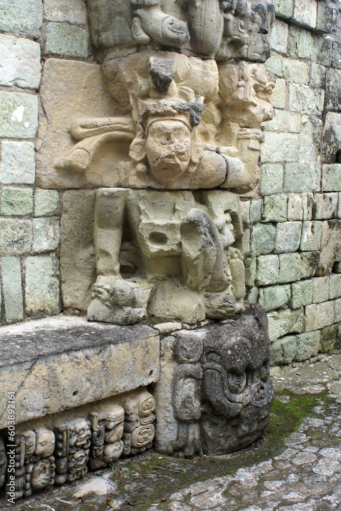 Carving in a wall at the Mayan ruins in Copan, Honduras