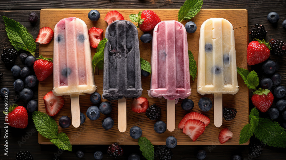 Homemade strawberry popsicles with fresh fruit