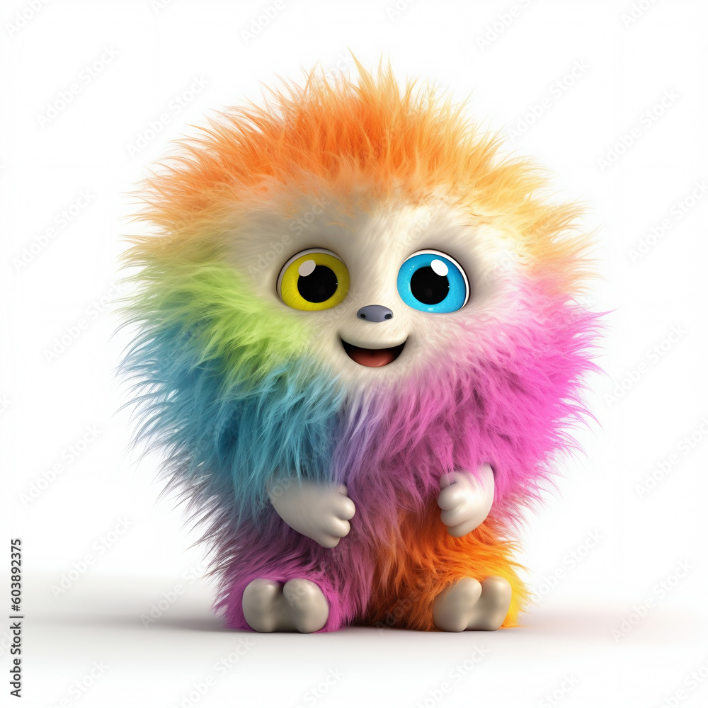 Adorable Little 3D Rainbow Plushie Creature with Bright Eyes and a Happy Face - Generative AI