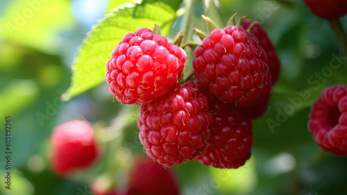 Ripe red raspberries hang on a branch