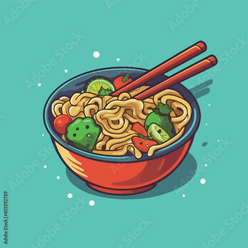 Tasty noodle with egg and vegetables on solid color background, vector illustration